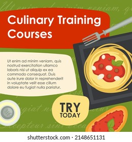 Learning how to cook Italian dishes and recipes of Mediterranean cuisine. Culinary training courses with a masterclass from professionals, preparing meal. Pasta and snacks. Vector in flat style