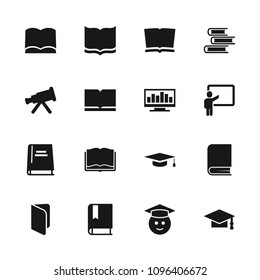 Learning icon. collection of 16 learning filled icons such as book, graduation cap, telescope, graduate emoji, teacher. editable learning icons for web and mobile.