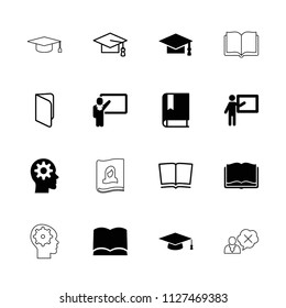 Learning icon. collection of 16 learning filled and outline icons such as graduation cap, teacher, book, graduation hat. editable learning icons for web and mobile.