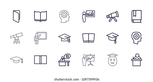 Learning icon. collection of 18 learning outline icons such as book, graduation cap, gear in head, teacher, telescope, arrows up. editable learning icons for web and mobile.
