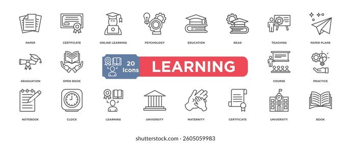 LEARNING icon collection set. Containing design  Paper,Certficate,Online learning,Psychology,Education,Read,Teaching ,Paper plane,Graduation,Open book,Course,Practice,Notebook,Clock,Learning