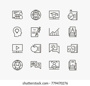 Learning icon line set with course materials, education advisor and internet university. Set of development course related learning icon line vector items for web mobile logo design.