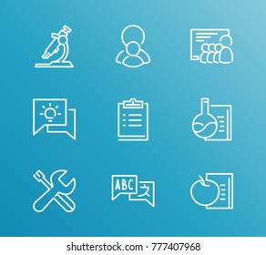Learning icon line set with physics course, classroom and workshop. Set of repair tool related learning icon line vector items for web mobile logo design.