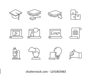 Icono de aprendizaje. Cursos de formación en línea escuela especial o aplicación universitaria símbolos lineales vectoriales aislados