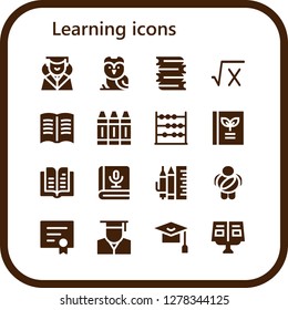  learning icon set. 16 filled learning icons. Simple modern icons about  - Graduation, Owl, Books, Math, Book, Crayon, Abacus, School material, Childhood, Diploma, Graduate, Mortarboard