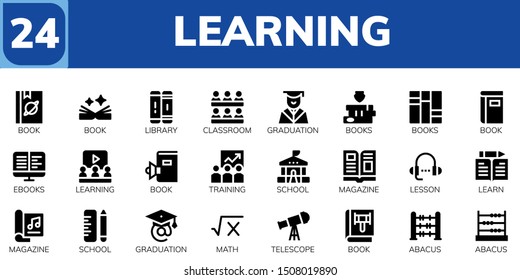 learning icon set. 24 filled learning icons.  Collection Of - Book, Library, Classroom, Graduation, Books, Ebooks, Learning, Training, School, Magazine, Lesson, Learn, Math icons