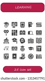 learning icon set. 25 filled learning icons.  Simple modern icons about  - Graduation, Ebook, Book, Books, Automaton, Cap, School, Mortarboard, Memorize, Blackboard, Magazine