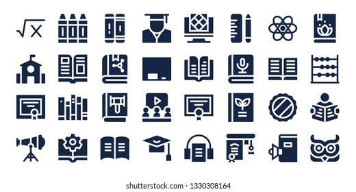learning icon set. 32 filled learning icons. on blue background style Simple modern icons about  - Math, School, Diploma, Telescope, Crayon, Magazine, Books, Ebook, Library, Book