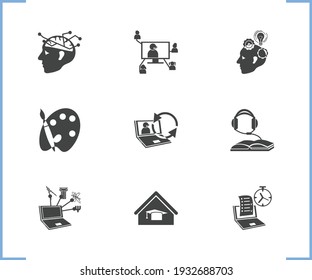 Learning icon set and brush with palette with webinar, audio book and online test. Laptop related learning icon vector for web UI logo design.