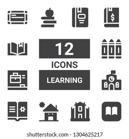 learning icon set. Collection of 12 filled learning icons included Ibooks, University, Kindergarden, Ebook, School, Blackboard, Crayon, Books, Book, Whiteboard