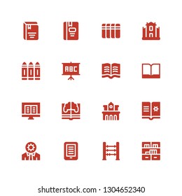 learning icon set. Collection of 16 filled learning icons included Bookshelf, Abacus, Ebook, Cognitive, University, Learning, Book, Read, Blackboard, Crayon, Books