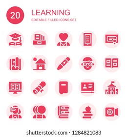 learning icon set. Collection of 20 filled learning icons included Graduation, Literature, Mental health, Ebook, Diploma, Magazine, Kindergarden, Crayon, Student, Book, Books