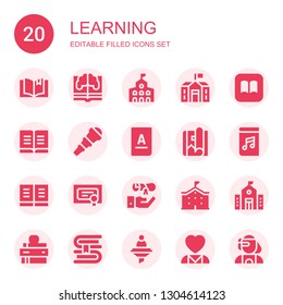 learning icon set. Collection of 20 filled learning icons included Book, Learning, College, School, Ibooks, Telescope, Magazine, Audiobook, Diploma, Graduation, University, Curriculum