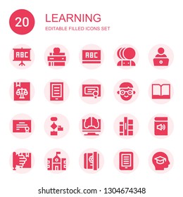 learning icon set. Collection of 20 filled learning icons included Blackboard, Book, Artificial intelligence, Read, Ebook, Diploma, Student, Algorithm, Books, Learning, School