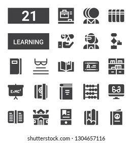 learning icon set. Collection of 21 filled learning icons included Book, Magazine, Ebook, School, Reading mode, Abacus, Diary, Blackboard, Bookshelf, Diploma, Read, Algorithm