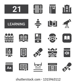 learning icon set. Collection of 21 filled learning icons included Diploma, Library, Read, Book, Dictionary, School, Ebook, Science book, Ibooks, Student, Demonstration, Telescope