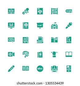 learning icon set. Collection of 25 filled learning icons included Ebook, Artificial intelligence, Abc, Book, Crayon, Education, Facetime, Magazine, Diploma, Telescope, School