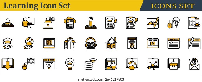 Learning Icon Set. Containing Campus,Chemistry,Ebook,Elearning,Exam,Homeschooling,Online Learning,Open Book,Physics,Read,Scholarship,Science,Study,Teach,Tutorial. Outline Color Lineal Style