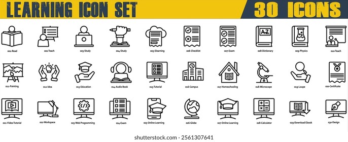 Learning icon set. Containing Read,Teach,Study,Elearning,Exam,Dictionary,Physics,Education,Audio Book,Campus,Homeschooling,Video Tutorial,Workspace,Web Programming dan Online Learning. Outline Style