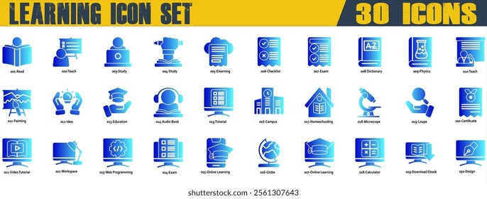 Learning icon set. Containing Read,Teach,Study,Elearning,Exam,Dictionary,Physics,Education,Audio Book,Campus,Homeschooling,Video Tutorial,Workspace,Web Programming dan Online Learning. Solid Gradient