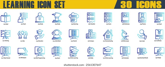 Learning icon set. Containing Read,Teach,Study,Elearning,Exam,Dictionary,Physics,Education,Audio Book,Campus,Homeschooling,Video Tutorial,Workspace,Web Programming dan Online Learning. Line Gradient