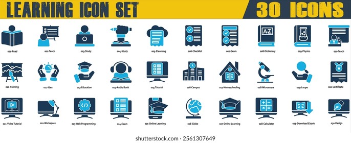 Learning icon set. Containing Read,Teach,Study,Elearning,Exam,Dictionary,Physics,Education,Audio Book,Campus,Homeschooling,Video Tutorial,Workspace,Web Programming dan Online Learning. Duotone Style