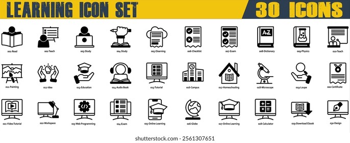 Learning icon set. Containing Read,Teach,Study,Elearning,Exam,Dictionary,Physics,Education,Audio Book,Campus,Homeschooling,Video Tutorial,Workspace,Web Programming dan Online Learning. Mixed Style