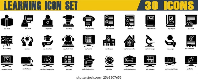 Learning icon set. Containing Read,Teach,Study,Elearning,Exam,Dictionary,Physics,Education,Audio Book,Campus,Homeschooling,Video Tutorial,Workspace,Web Programming dan Online Learning. Solid Style