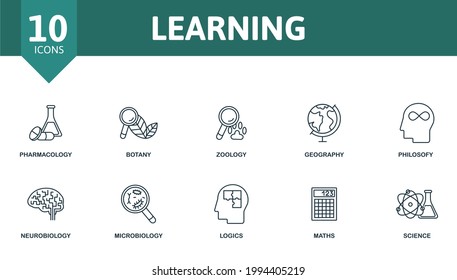 Learning Icon Set. Contains Editable Icons Science Theme Such As Pharmacology, Zoology, Philosofy And More.