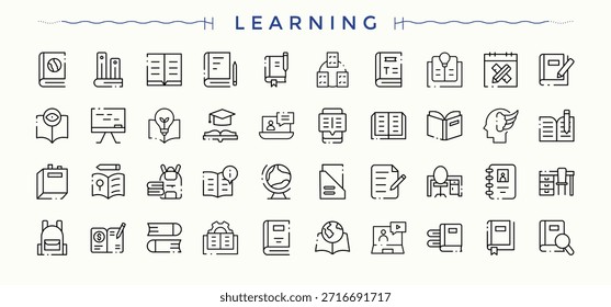 Lernsymbolsatz. Enthält Symbole wie Schule, Hochschule, Kurs, Ausbildung, Schüler, Buch und mehr. Symbolsatz für Kurszeile. Piktogrammsatz. Bearbeitbarer Vektorstrich.