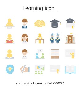 Learning icon set in flat color style