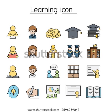 Learning icon set in flat color style in color line style