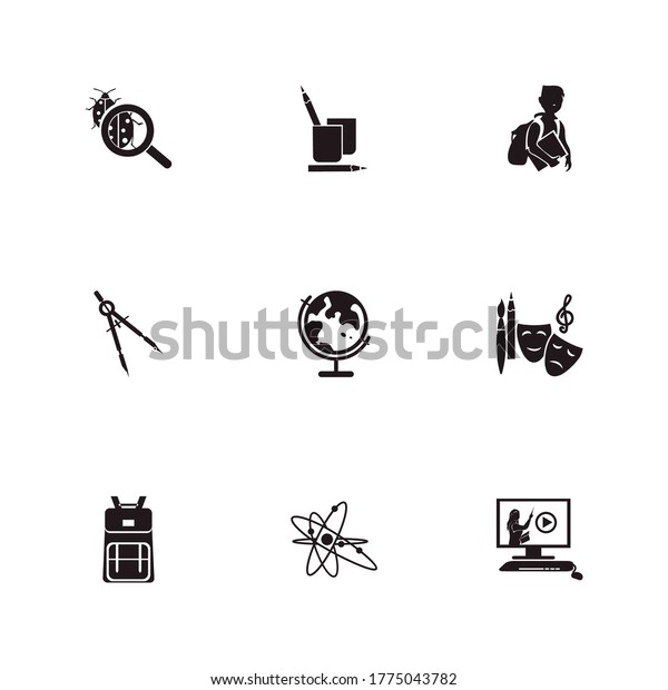 Learning icon set and globe with school backpack,\
compass and physics. Divider related learning icon vector for web\
UI logo design.