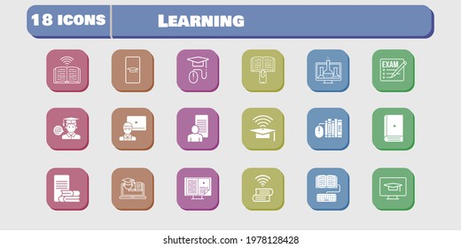 learning icon set. included chemistry, study, homework, student, book, training, student-desktop, student-smartphone, exam icons on white background. linear, filled styles.