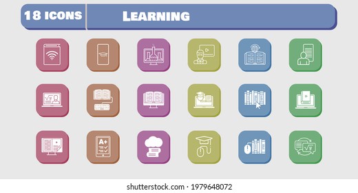 learning icon set. included chemistry, audiobook, study, learn, homework, book, learning, training, cloud library, student-smartphone icons on white background. linear, filled styles.