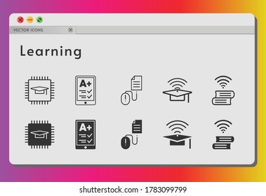 learning icon set. included chip, e-reader, cap, book, click icons on white background. linear, filled styles.