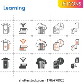 learning icon set. included cloud, smartphone, test, book, click icons on white background. linear, bicolor, filled styles.