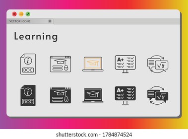 learning icon set. included student, laptop, test, homework, doc, login icons on white background. linear, filled styles.