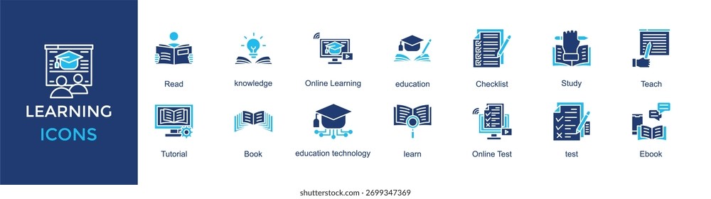 conjunto de ícones de aprendizagem. com ícone Ler, conhecimento, Aprendizagem On-line, educação, Estudo