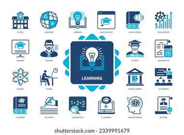 Learning icon set. School, Lesson, Knowledge, Library, Student, Classroom, Teacher. Duotone color solid icons