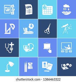 Learning icon set and scissors with learning support, online consultation and pencil sharpener. Consultant related learning icon vector for web UI logo design.