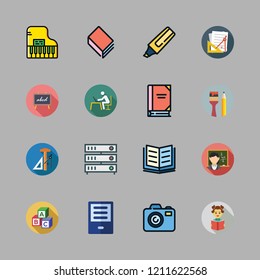 learning icon set. vector set about teacher, blackboard, photograph and school material icons set.