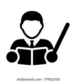 Learning icon vector male teacher person profile avatar with book symbol for school, college and university education in flat color glyph pictogram illustration