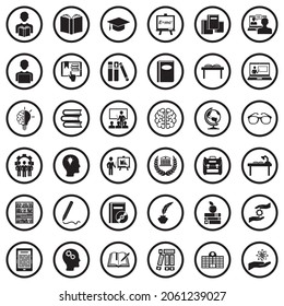 Learning Icons. Black Flat Design In Circle. Vector Illustration.