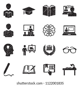 Learning Icons. Black Scribble Design. Vector Illustration.