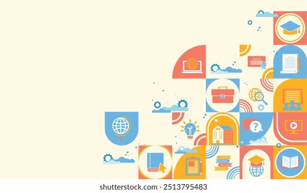 Ícones de aprendizado na sala de aula ou online. Conceitos de aprendizagem em educação na escola ou na universidade. Conhecimento de ideias de tecnologia inovadora, ciência e matemática. Infográfico vetorial para voltar à escola