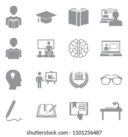 Learning Icons. Gray Flat Design. Vector Illustration. 