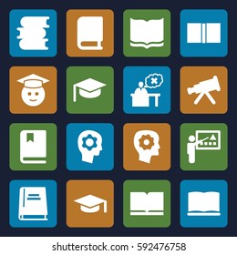 learning icons set. Set of 16 learning filled icons such as book, gear in head, graduate emoji, teacher, graduation hat