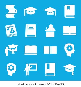 Learning icons set. set of 16 learning filled icons such as graduation cap, gear in head, magazine, book, arrows up, teacher