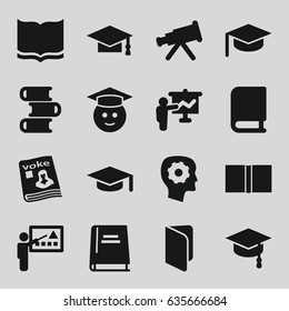 Learning icons set. set of 16 learning filled icons such as book, graduation cap, gear in head, graduate emoji, magazine, teacher, arrows up, graduation hat